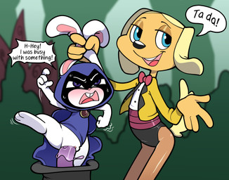 3_toes 4_fingers adolescent angry anthro barefoot biped black_eyebrows black_nose black_text blue_cloak blue_clothing blue_eyes bodily_fluids bow_tie buckteeth cloak clothed clothed_anthro clothed_female clothing dialogue duo ear_grab embarrassed eyebrows feet female female_anthro fingers flat_chested fur genital_fluids genitals glistening glistening_eyes hat headgear headwear hood_up hooded_cloak humanoid_genitalia humanoid_vulva motion_lines open_mouth outside penetration pink_inner_ear pink_nose pink_tongue plant pupils purple_tentacles red_bow_tie shrub size_difference speech_bubble standing stuttering suit suit_jacket sweat sweaty_face tail talking_to_another teeth tentacle_in_vagina tentacle_penetration tentacles text toes tongue top_hat vaginal vaginal_fluids vaginal_fluids_on_tentacle vaginal_penetration vulva white_body white_ears white_fur yellow_body yellow_clothing yellow_ears yellow_fur yellow_suit yellow_tail young young_anthro young_female itsunknownanon brandy_and_mr._whiskers cartoon_network dc_comics disney teen_titans teen_titans_(television_series) brandy_harrington bunny_raven raven_(dc) canid canine canis domestic_dog lagomorph leporid mammal rabbit 2026 crossover english_text hi_res