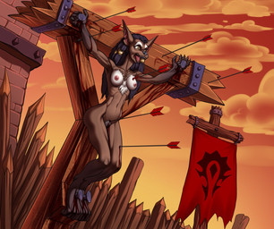 anthro areola arrow_(weapon) bdsm blood bodily_fluids bondage bound breasts crucifixion crying execution feet female fingers foot_impalement fur genitals gore gore_focus hair hairy_vulva imminent_death impalement nailed navel nipples nude open_mouth outdoor_nudity outside pain ranged_weapon snuff solo tears teeth toes tongue tongue_out torture vulva weapon conquistabear blizzard_entertainment warcraft canid mammal werecanid werecreature worgen digital_media_(artwork)