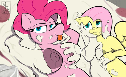 anthro areola belly big_areola big_belly big_breasts big_nipples blue_eyes breasts duo feathered_wings feathers female female/female food food_fetish food_play fur hair looking_at_viewer messy nipples overweight overweight_anthro overweight_female pink_body pink_fur pink_hair simple_background slightly_chubby smile tongue tongue_out wam wings yellow_body yellow_fur sebaku friendship_is_magic hasbro my_little_pony mythology fluttershy_(mlp) pinkie_pie_(mlp) earth_pony equid equine horse mammal mythological_creature mythological_equine pegasus pony absurd_res digital_media_(artwork) hi_res