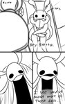 2_horns 3_panel_comic ambiguous_gender biped black_body black_eyes black_text dialogue door duo ellipsis holding_object holding_plushie horn looking_at_another motion_lines mouth_closed open_mouth outside plushie standing talking_to_another text white_head skeletorskeletonized hollow_knight team_cherry bretta_(hollow_knight) elderbug_(hollow_knight) the_knight_(hollow_knight) arthropod beetle insect vessel_(species) 2020 5:8 black_and_white comic english_text hi_res monochrome female_(lore)