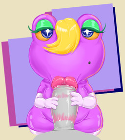 anthro armwear blonde_hair bodily_fluids clothing eyeshadow faceless_character faceless_male fellatio female green_eyeshadow hair kiss_mark leggings legwear lips lipstick makeup male male/female markings mole_(marking) oral penile purple_body saliva sex simple_background slightly_chubby solo thick_lips thick_thighs yellow_sclera bunsandnoble animal_crossing nintendo gigi_(animal_crossing) amphibian low_res