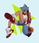 anthro ball basketball_(ball) black_nose blue_hair bottomwear brown_body clothing female footwear hair looking_at_viewer shirt shoes shorts simple_background smile solo topwear botak brand_new_animal studio_trigger michiru_kagemori canid canine mammal raccoon_dog tanuki 2021 hi_res