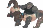 anthro anthro_on_anthro biceps blush bulge claws clothed clothing daire301 diaper diaper_sniffing digital_media_(artwork) dinosaur duo fossil_pokemon generation_4_pokemon godzilla godzilla_(series) grope hand_on_butt male male/male mammal monster nintendo overweight overweight_male pokemon pokemon_(species) rampardos red_eyes reptile scalie shirt simple_background sniffing spikes tank_top teeth toho topwear yellow_eyes