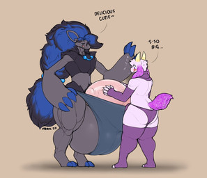 3_toes 4_fingers 5_fingers admiring_penis anthro armwear balls balls_outline big_balls big_penis black_body black_fur black_mane blue_claws blue_hair blush bulge butt claws clothing detailed_bulge duo elbow_gloves feet fingers fur genital_outline genitals gloves hair hand_on_penis handwear horn huge_balls huge_penis hyper hyper_balls hyper_genitalia hyper_penis legwear licking licking_lips long_ears male male/male mane muscular muscular_thighs penis penis_poking_out pink_body pink_fur scarf size_difference slim small_waist snout stockings tail talking_to_another text toes tongue tongue_out underwear wide_hips yellow_horn marvolk nintendo pokemon bovid caprine generation_5_pokemon goat mammal pokemon_(species) zoroark 2022 colored english_text signature