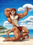 5_fingers abs anthro beach biceps big_bulge big_chest big_muscles black_claws black_lips broad_shoulders bulge butt_muscles calf_muscles claws clothed clothing cloud crotch_tuft crouching day deltoids detailed_background detailed_bulge feet finger_claws fingers forearm_muscles fur genital_outline genitals green_eyes hair hand_behind_head huge_arms huge_legs huge_muscles humanoid_feet hyper hyper_muscles kneeling lips looking_at_viewer looking_into_your_soul low-angle_view male mane mane_hair muscular obliques outside pawpads pecs penis penis_outline pink_penis plantigrade pose quads rape_face red_body red_fur red_hair red_nose red_pawpads sand sea serratus sky smile solo speedo speedo_only striated_muscles swimwear tail tail_tuft tan_body tan_fur teeth tight_clothing toe_claws toes toothy_smile topless triceps tuft vascular vein veiny_abs veiny_arms veiny_legs veiny_muscles veiny_pecs veiny_torso water djdarkfox felid lion mammal pantherine 2019 hi_res shaded signature traditional_media_(artwork) watermark