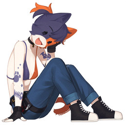 anthro barely_visible_navel biped bottomwear breasts clothing female fingers footwear fur gloves hair handwear looking_at_viewer navel pants shoes simple_background sitting small_breasts smile solo teeth tongue yoako epic_games fortnite cate_meowdy domestic_cat felid feline felis mammal hi_res