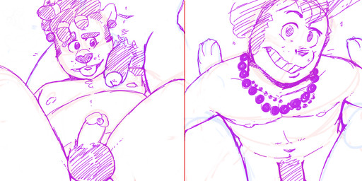 anthro between_legs bodily_fluids carrying_another claws duo ear_piercing erection eyebrows facial_piercing flesh_tunnel fur gauged_ear genital_fluids genitals hair jewelry looking_at_genitalia looking_at_penis looking_at_viewer male male/male necklace necklace_only nude on_shoulder penis piercing precum simple_background smile toe_claws tongue tongue_out tongue_piercing whisker_spots p_rindustries gale_(p_rindustries) wynn_(p_rindustries) felid lagomorph leporid mammal pantherine rabbit 2020 2:1 guide_lines hi_res multiple_images sketch