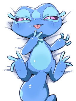 ambiguous_gender anthro blue_body blush blush_lines featureless_crotch half-closed_eyes looking_at_viewer lying narrowed_eyes on_back on_bedding purple_eyes solo spread_legs spreading tail tongue tongue_out poniogurui nintendo pokemon pokemon_winds_and_waves gecqua generation_10_pokemon lizard pokemon_(species) reptile scalie 2026 3:4 absurd_res hi_res