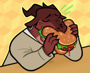 ambiguous_anthro ambiguous_gender anthro black_eyebrows burger cartoon_freckles clothed clothing ear_piercing ear_ring eating emanata eyebrows eyes_closed fingers food freckled_face freckles holding_food holding_object horn piercing ring_piercing solo tear_trough text topwear ncs mythology alpine_(ncs) dragon mythological_creature mythological_scalie scalie 2026 artist_name hi_res signature