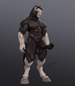 abs animal_genitalia animal_penis anthro balls biceps biped black_hair cross deltoids equine_genitalia equine_penis erection flared_penis genitals gradient_background hair hooves inverted_cross jewelry looking_at_viewer male medial_ring muscular muscular_anthro muscular_male necklace pecs penis quads simple_background smile smirk solo unguligrade laser_(artist) clydesdale draft_horse equid equine horse mammal 2020 hi_res