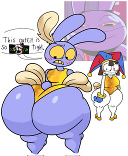 alternative_fashion anthro big_butt blush bodily_fluids butt caine_censorship censor_bar clothing duo female flapper footwear golden_clothing high_heels huge_butt leotard looking_back male profanity shoes speech_bubble sweat sweatdrop text yellow_clothing yellow_leotard lucaslora glitch_productions the_amazing_digital_circus jax_(tadc) pomni_(tadc) humanoid lagomorph leporid mammal rabbit hi_res meme