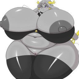 anthro belly big_belly big_breasts big_nipples blue_eyes blush bra breasts clothed clothing curvy_figure deep_navel fat_rolls female grey_body grey_hair grey_nipples hair horn huge_belly huge_breasts huge_hips innie_vulva leggings legwear navel nipples obese obese_anthro obese_female overweight overweight_anthro overweight_female solo thick_thighs underwear voluptuous vulva wide_hips yellow_horn hidenafox pseudoregalia sybil_(pseudoregalia) bovid caprine goat mammal 1:1 absurd_res hi_res