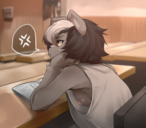 accident accidental_exposure anthro book breasts classroom clothed clothing cross-popping_vein exposed_breasts female fur grey_body grey_fur hair looking_away multicolored_hair nipples no_bra no_underwear oversized_clothing school shirt short_hair side_boob sitting small_breasts solo speech_bubble tank_top topwear two_tone_hair wardrobe_malfunction sleepiness18 ina_(sleepiness18) mammal mephitid skunk absurd_res hi_res