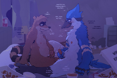 alarm_clock anthro armpit_hair aroused bed bedroom beverage beverage_can blue_body blue_feathers blush bodily_fluids body_hair brown_body brown_fur clock curtains dialogue drawer duo erection eye_contact feathers food fur furniture genital_fluids genitals holding_penis hot_wings inside lamp looking_at_another male male/male masturbation navel night nipples nude nude_anthro nude_male on_bed penis pillow sauce sweat sweatdrop tail text white_body white_feathers hollonut cartoon_network regular_show mordecai_(regular_show) rigby_(regular_show) avian bird blue_jay corvid jay_(bird) mammal new_world_jay oscine passerine procyonid raccoon 2025 digital_drawing_(artwork) digital_media_(artwork) english_text