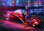 anthro big_breasts blue_hair breasts city clothed clothing female fur hair katana latex looking_at_viewer melee_weapon motorcycle neon science_fiction solo standing sword three-quarter_view topwear vehicle weapon lenika thelatestvulpine canid canine fox mammal digital_media_(artwork)