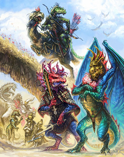 ambiguous_gender anthro armor arrow_(weapon) beak blue_body blue_scales bone_frill bow_(weapon) claws dagger feathered_wings feathers feral flower frill_(anatomy) green_body green_scales group headgear helmet horn melee_weapon outside plant quiver_(object) ranged_weapon scales sword tail teeth weapon wings merlkir glorantha anatid anseriform avian bird ceratopsian ceratopsid chasmosaurine dinosaur dragonewt duck marginocephalian ornithischian prehistoric_species reptile scalie triceratops
