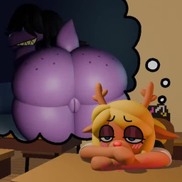 anthro antlers aroused bent_over big_butt blonde_hair blush blush_lines butt crossed_arms dark_hair deer_ears ear_motion eyelashes female freckled_butt freckles genitals glistening_eyeshadow hair half-closed_eyes horn huge_butt huge_thighs long_hair looking_at_viewer looking_back looking_back_at_viewer narrowed_eyes nipple_piercing nipples nude nude_anthro nude_female piercing purple_body rear_view school shaking_butt sharp_teeth sitting smile smiling_at_viewer solo tail tail_motion teeth thick_thighs thinking_about_another vulva mrcreamsom deltarune undertale_(series) catti_cattenheimer noelle_holiday susie_(deltarune) deer dinosaur domestic_cat felid feline felis mammal new_world_deer prehistoric_species reptile scalie 1:1 2026 3d_(artwork) 3d_animation animated digital_media_(artwork) no_sound short_playtime video