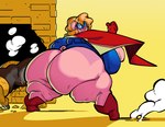 anthro big_butt blonde_hair blue_eyes boots bulge butt cape clothing duo female footwear gloves hair handwear looking_back male obese obese_anthro obese_female overweight overweight_anthro overweight_female rear_view shoes short_tail superhero tail nondelismell dr._ham lady_oink domestic_pig mammal suid suine sus_(pig) yorkshire_pig 2021 hi_res