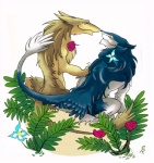 anthro duo female flower hand_holding male plant simple_background sitting tail white_background kiki-uma mammal sergal