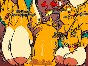 anthro areola balls big_balls big_breasts big_penis bodily_fluids breasts cum duo female female_anthro genital_fluids genitals hanging_breasts huge_breasts large_female male male/female nipples penis size_difference smaller_male stuck text tongue tongue_out vaginal elpokebarto nintendo pokemon charizard charmander generation_1_pokemon pokemon_(species) hi_res spanish_text tagme