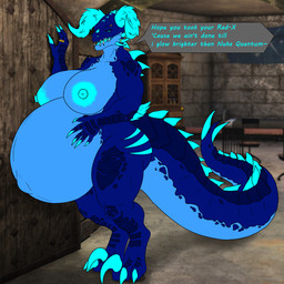 anthro areola belly big_belly big_breasts big_tail blue_areola blue_body blue_nipples breasts butt claws female female_anthro genitals glowing glowing_eyes hand_on_belly horn huge_belly huge_breasts hyper hyper_belly hyper_pregnancy looking_at_viewer markings navel nipples nude pregnant pregnant_anthro pregnant_female smile solo tail teeth text thick_thighs niko_stargazer fallout microsoft nikostargazer deathclaw reptile scalie absurd_res hi_res unfinished