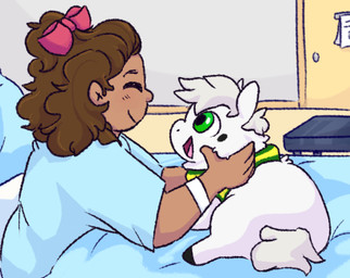 ambiguous_feral ambiguous_gender brown_hair closed_smile dark_body dark_skin door duo eyes_closed female female_human feral fur green_eyes hair head_bow hospital_gown hospital_room inside looking_at_another mouth_closed open_mouth pink_ribbon scarf side_view smile tail tied_hair white_body white_fur white_hair white_tail young young_ambiguous young_feral alpama fluffy_pony fluffy_pony_(species) human mammal 2023 digital_media_(artwork) shaded