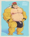 2_horns anthro barazoku belly big_bulge big_muscles bulge clothing collar genitals hair horn male musclegut muscular muscular_anthro muscular_male nipples pecs penis red_hair sharp_teeth shell simple_background smile solo spikes teeth thick_thighs underwear beefburner mario_bros nintendo bowser koopa scalie 4:5 absurd_res digital_media_(artwork) hi_res