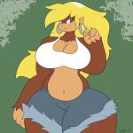 big_breasts blonde_hair bottomwear breasts clothing ear_piercing ear_ring female fingers_through_hair hair huge_breasts jewelry long_hair makeup piercing ring_piercing shirt shorts smile solo tank_top topwear mac-daddy coco ape haplorhine mammal primate 1:1 absurd_res hi_res