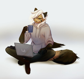 anthro black_arms black_bottomwear black_clothing black_ears black_facial_markings black_legs black_shorts black_spots bottomwear chest_tuft clothing coffee_mug computer electronics eye_behind_hair facial_markings fur gradient_tail green_eyes grey_clothing grey_hoodie grey_topwear hair hand_on_leg head_markings holding_coffee_mug holding_object hoodie laptop laptop_on_lap looking_at_object male markings mouth_closed shorts simple_background sitting sitting_cross-legged solo spots tail_spots tan_body tan_fur tongue tongue_out topwear tuft white_background white_hair rustyruu toasterstein felid feline mammal colored hi_res shaded