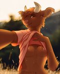 anthro areola breasts brown_body brown_eyes brown_fur brown_hair clothed clothing female flashing flashing_breasts fur hair horn markings mole_(marking) navel nipples no_bra outside selfie shirt smile solo topwear coffaefox ailith_(coffaefox) bovid bovine cattle mammal 2020 hi_res