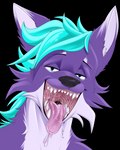 anthro black_nose bodily_fluids drooling fangs fur half-closed_eyes looking_at_viewer male mouth_shot narrowed_eyes open_mouth purple_body purple_fur saliva saliva_string simple_background solo teeth tongue tongue_out transparent_background kelova mox_(antillion123) canid canine fox mammal 4:5 alpha_channel hi_res