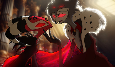 4_eyes 4_fingers anthro back_spines beak black_beak blurred_background cape chest_tuft classical_architecture clothed clothing column crouching detailed_background duo eye_contact eyebrows eyelashes facial_markings facial_scar feather_hair feather_tuft feathers fingers forehead_markings grey_body grey_feathers grey_hair hair hand_on_chin head_markings horn logo looking_at_another male male/male markings mask multi_eye no_pupils one_eye_obstructed open_mouth pseudo_hair raised_head red_body red_eyes red_sclera scar shirt short_hair size_difference spines striped_horn stripes text tongue topwear tuft tunic yellow_sclera zidanemina hellaverse helluva_boss phantom_of_the_opera blitzo_(helluva_boss) stolas_(helluva_boss) avian bird demon demon_humanoid horned_humanoid humanoid imp owl owl_demon absurd_res artist_logo artist_name hi_res