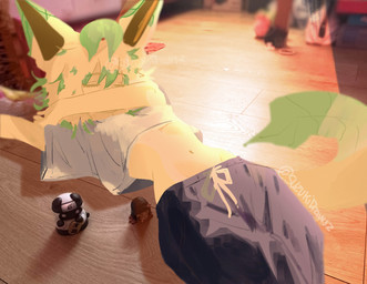 anthro belly clothed clothing detailed_background female fur lying navel on_ground raised_clothing raised_shirt raised_topwear shirt sleeping sleeping_on_floor solo tan_body tan_fur topwear suzukidrawsz nintendo pokemon eeveelution felid generation_4_pokemon leafeon mammal pokemon_(species) absurd_res hi_res