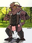 anthro armor bodily_fluids briefs bulge clothing detailed_bulge genital_outline ineffective_armour ineffective_clothing leather leather_clothing looking_down male penis_outline pink_clothing pink_underwear simple_background solo standing surprised_expression sweat sweatdrop underwear wardrobe_malfunction ravan bovid caprine mammal 2023 hi_res