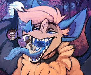 anthro blue_ears blue_eyes blue_tongue blue_wings duo erection fangs fur genitals glistening glistening_eyes human_on_anthro humanoid_genitalia humanoid_penis interspecies macro male male/male masturbation membrane_(anatomy) membranous_wings micro moon mouth_shot narrowed_eyes nude on_tongue open_mouth orange_body orange_fur outside penile penile_masturbation penis tan_body tan_skin teeth tongue tongue_out uvula wings acidic bat human mammal
