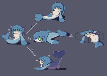 after_transformation air_valve ambiguous_form blue_body blue_hair blush box cardboard cardboard_box container countershade_body countershade_face countershade_torso countershading deflated directional_arrow egg female fin genitals green_eyes grey_background hair heart_symbol inflatable interrobang legless looking_down_at_self lying masturbation motion_lines mouthless nude on_back on_front one_eye_closed oviposition pokemon_egg pupils raised_tail shocked simple_background sitting sitting_on_ground solo tail vaginal vaginal_masturbation vulva white_body white_countershading white_pupils oagoner nintendo pokemon aster_(oagoner) animate_inanimate generation_9_pokemon living_inflatable pokemon_(species) tatsugiri tatsugiri_(droopy_form) 2025 alternate_version_at_source censored_version_at_source colored hi_res sequence