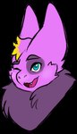 ambiguous_gender anthro big_ears blue_eyes chest_tuft dyed_fur eden_(edenvibin) eye_patch eyebrows eyewear fur head_tuft looking_at_viewer one_eye_closed purple_body purple_fur simple_background smile solo transparent_background tuft wink winking_at_viewer yellow_body yellow_fur yeenking bat humanoid mammal alpha_channel bust_portrait portrait