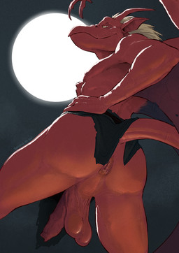 anthro anus backsack balls bottomwear butt clothed clothing foreskin full_moon genitals hair hand_on_hip horn humanoid_genitalia humanoid_penis humanoid_pointy_ears ineffective_clothing ineffective_loincloth loincloth loincloth_only long_foreskin looking_at_viewer looking_back looking_back_at_viewer low-angle_view male membrane_(anatomy) membranous_wings moon penis perineum pointy_ears rear_view red_body saggy_balls smile solo tail topless unretracted_foreskin white_hair wings banana_da_boi disney gargoyles brooklyn_(gargoyles) gargoyle scalie digital_media_(artwork) hi_res