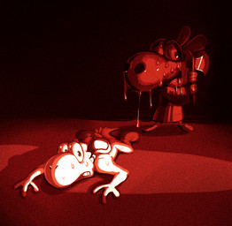 3_fingers ambiguous_gender anthro axe blood bodily_fluids clothing crawling derp_eyes duo fingers footwear imminent_death melee_weapon nightmare_fuel red_background scared shoes simple_background smile standing sweat teeth weapon modeseven mario_bros nintendo reptile scalie yoshi digital_media_(artwork) monochrome red_and_white