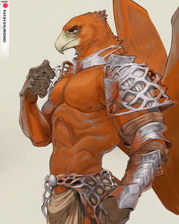 5_fingers anthro armor back_wings beak bottomwear brown_body brown_feathers brown_wings clothing deltoids feathered_wings feathers fingers grey_beak humanoid_hands loincloth male muscular muscular_anthro muscular_male nipples non-mammal_nipples pecs scuted_hands scutes simple_background solo standing text unconvincing_armor wings yellow_eyes ekzonzz elden_ring elden_ring_nightreign fromsoftware patreon guardian_(nightreign) accipitrid accipitriform avian bird eagle 2025 4:5 hi_res url