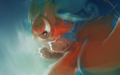 angry anthro bangs black_eyes black_nose bottomwear clenched_teeth clothing eyelashes featureless_hands female fist fluffy fluffy_tail fur hair kemono leaning leaning_forward long_tail looking_forward multicolored_hair open_mouth pants pointy_ears prick_ears pupils raining red_body red_bottomwear red_clothing red_ears red_fur red_hair red_pants red_pupils red_tail short_hair solo tail teeth thick_tail two_tone_hair white_hair wind hasukii mal_(hasukii) canid canine mammal hi_res