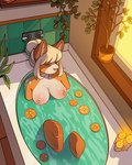 anthro areola bathroom bathtub big_breasts blonde_hair breasts candle countershading female hair light nipples orange_slice partially_submerged pink_areola pink_nipples plant solo sunlight merlinmakes freyja_(merlin) domestic_cat felid feline felis mammal 2022 4:5 absurd_res hi_res