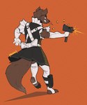 anthro bottomwear clothed clothing crossdressing gun mac-10 maid_uniform male ranged_weapon shooting simple_background skirt solo submachine_gun uniform weapon mawkvlt canid canine mammal 5:6 hi_res