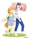 3:4 anthro bottomwear clothing denim denim_bottomwear denim_clothing duo ears_up earth_pony equid equine eyes_closed eyeshadow female fetlocks hasbro hay hay_bale hi_res horse jeans looking_at_another makeup male mammal my_little_pony open_mouth overalls pants pony shirtless short_stack_(alchemicgree) simple_background sion_(artist) white_background zebra