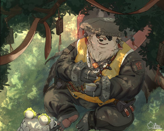 anthro asian_clothing black_body black_bottomwear black_clothing black_fur black_pants bottomwear chinese_clothing clothing container cup detailed_background east_asian_clothing eyewear fur glasses grass headgear headwear holding_container holding_cup holding_object holding_tea_cup kemono machine male overweight overweight_male pants plant ring shirt sitting solo tea_cup topwear tree white_body white_fur yellow_clothing yellow_shirt yellow_topwear yuyuitudou mihoyo zenless_zone_zero pan_yinhu bangboo bear giant_panda mammal robot thiren 2025 hi_res