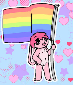 andromorph anthro flag fur genitals intersex lgbt_pride male nipples nude pink_body pink_fur pride_colors rainbow solo vulva young bunnyqueen sonny_boop lagomorph leporid mammal rabbit