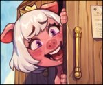 anthro blush crown door female hair headgear open_mouth open_smile pink_body purple_eyes smile solo text white_hair cyancapsule my_pig_princess emelie_(cyancapsule) domestic_pig mammal suid suina sus_(pig) 2023 english_text