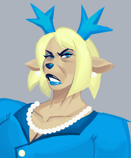 annoyed anthro antlers blonde_hair blue_antlers blue_clothing blue_eyes blue_eyeshadow blue_lipstick blue_topwear breasts button_(fastener) cleavage clothed clothing ear_piercing ear_ring eyelashes eyeshadow female glistening_eyelids grey_background hair horn jewelry lipstick long_eyelashes makeup necklace open_mouth piercing ring_piercing showing_teeth simple_background solo tan_body tear_trough topwear uniform wrinkles diabolicaldamsel deltarune undertale_(series) carol_holiday deer mammal monster new_world_deer reindeer bust_portrait hi_res portrait