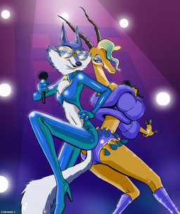 anthro clothing coat duo electronics eyewear female latex latex_clothing latex_skinsuit microphone skinsuit sunglasses tight_clothing topwear sir_paulus disney illumination_entertainment sing_(movie) zootopia gazelle_(zootopia) porsha_crystal antelope bovid canid canine canis gazelle mammal thomson's_gazelle true_antelope wolf hi_res