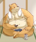 anthro asian_clothing belly big_belly black_nose blue_clothing blue_fundoshi blue_underwear clothing detailed_background east_asian_clothing fundoshi humanoid_hands japanese_clothing kemono male moobs nipples overweight overweight_male scar solo towel towel_around_neck underwear hon55728 canid canine canis domestic_dog mammal 2023 hi_res